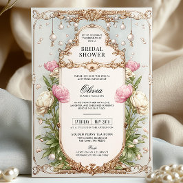 赤面ピンクフローラとグリーンリーパールブライダルシャワー 招待状