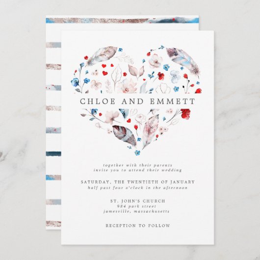 赤面ピンクフローラとフェザーボホハート結婚ズ 招待状 (正面/裏面)