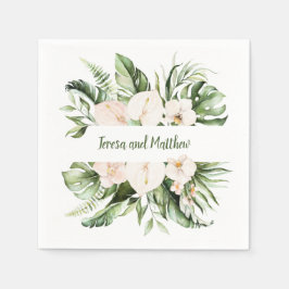 赤面ピンクフローラと熱帯緑結婚の スタンダードカクテルナプキン
