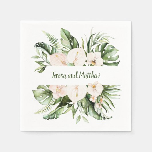 赤面ピンクフローラと熱帯緑結婚の スタンダードカクテルナプキン (正面)