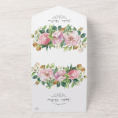 赤面ピンクフローラと緑結婚色の オールインワン招待状 (外側)