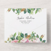 赤面ピンクフローラと緑結婚色の オールインワン招待状 (裏面)