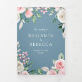 赤面ピンクフローラほこりっぽいブルーQRコード結婚ズ 三つ折り招待状 (カバー)