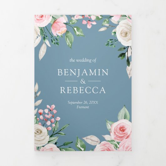 赤面ピンクフローラほこりっぽいブルーQRコード結婚ズ 三つ折り招待状 (カバー)