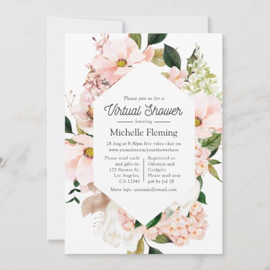 赤面ピンクフローラアジサイのバーチャルシャワー 招待状 (正面)