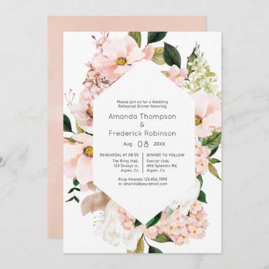 赤面ピンクフローラアジサイのリハーサルディナー 招待状 (正面/裏面)