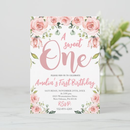 赤面ピンクフローラアスウィートワンファースト誕生日 招待状 (スタンド正面)