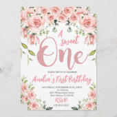 赤面ピンクフローラアスウィートワンファースト誕生日 招待状 (正面/裏面)