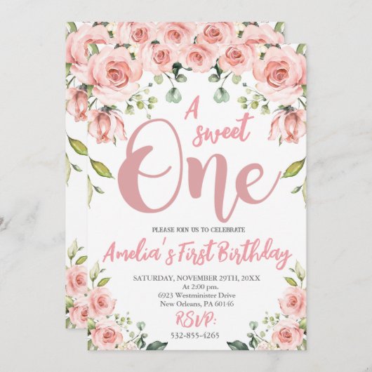 赤面ピンクフローラアスウィートワンファースト誕生日 招待状 (正面/裏面)
