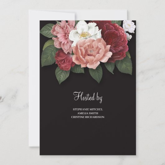 赤面ピンクフローラアットブラックバックグラウンド招待状 招待状 (裏面)