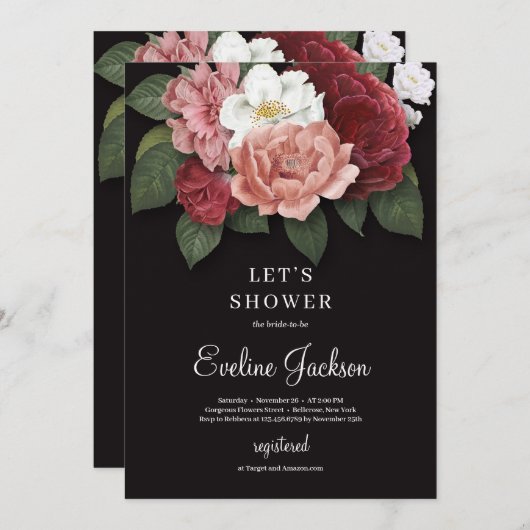 赤面ピンクフローラアットブラックバックグラウンド招待状 招待状 (正面/裏面)