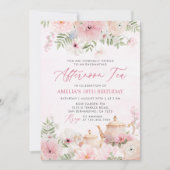 赤面ピンクフローラアフタヌーンティーバースデーパーティー 招待状 (正面)