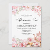 赤面ピンクフローラアフタヌーンティーバースデーパーティー 招待状 (正面)