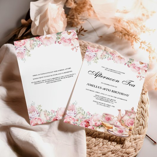 赤面ピンクフローラアフタヌーンティーバースデーパーティー 招待状