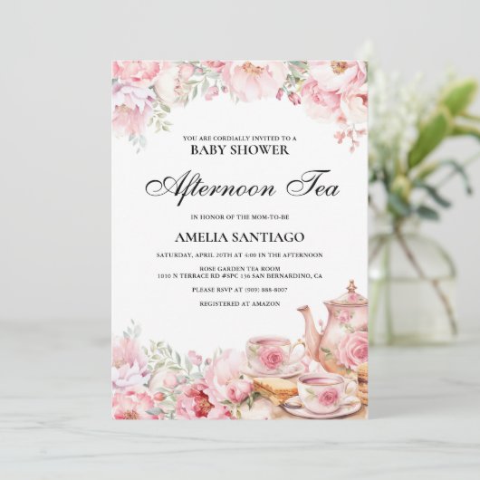 赤面ピンクフローラアフタヌーンティーベイビーシャワー 招待状 (スタンド正面)