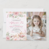 赤面ピンクフローラアフタヌーンティー誕生日写真 招待状 (正面)
