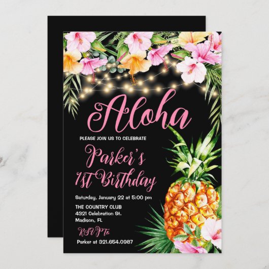 赤面ピンクフローラアロハパイナップルバースデーパーティー 招待状 (正面/裏面)
