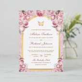 赤面ピンクフローラアーチバタフ結婚ィーズ金ゴールド 箔招待状 (立ち正面)