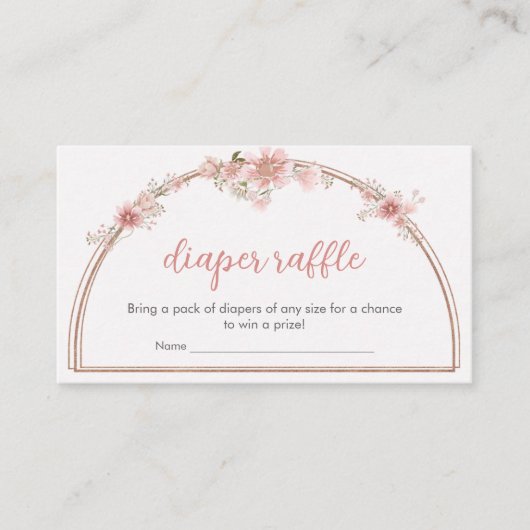 赤面ピンクフローラアーチ赤ちゃんシャワーおむつラッフル エンクロージャーカード (正面)