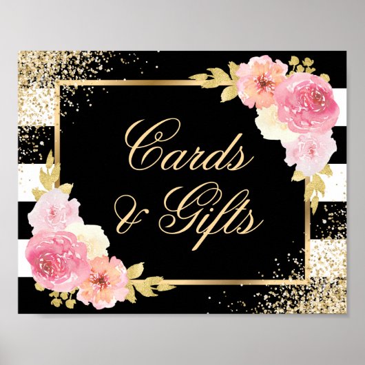 赤面ピンクフローラウェディングカードとギフトサイン ポスター (正面)