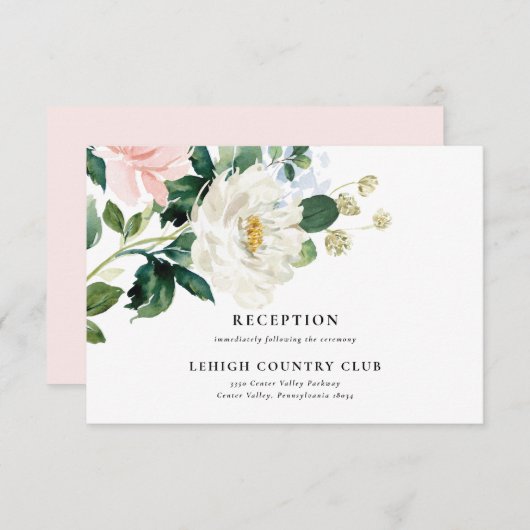 赤面ピンクフローラウェディングレセプションカード 招待状 (正面/裏面)