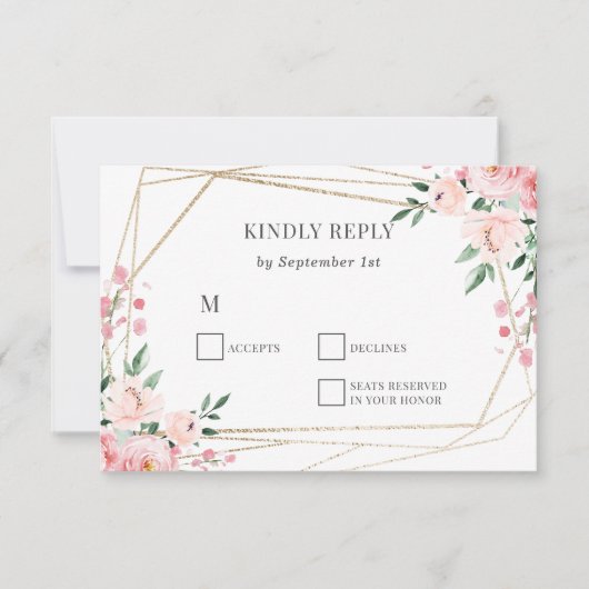 赤面ピンクフローラウェディングRSVPカード 出欠カード (正面)