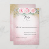 赤面ピンクフローラウェディングRSVP 出欠カード (正面/裏面)