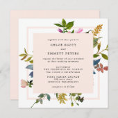 赤面ピンクフローラウォーターカラースクエア結婚ズ 招待状 (正面/裏面)