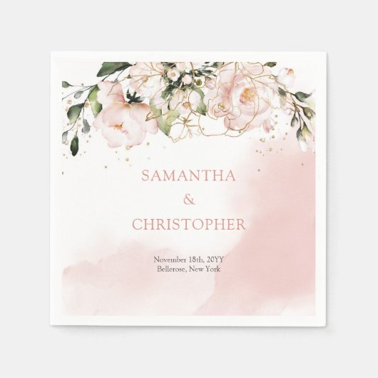 赤面ピンクフローラウォーターカラーバラ結婚ズナプキン スタンダードカクテルナプキン (正面)
