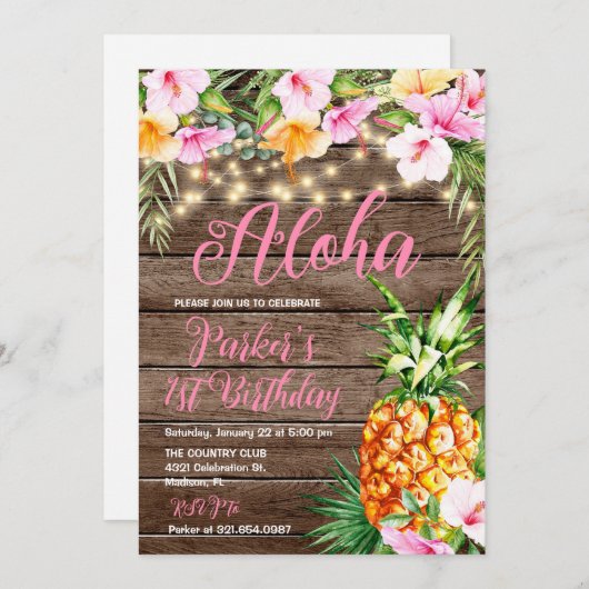 赤面ピンクフローラウッドアロハパイナップル誕生日 招待状 (正面/裏面)