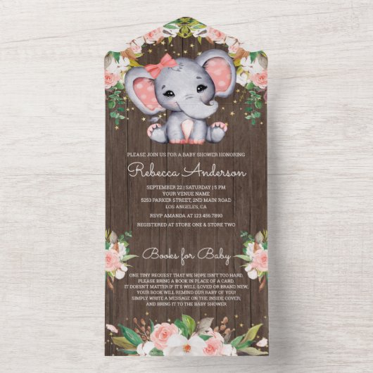 赤面ピンクフローラウッドキュートエレファントベビーシャワー オールインワン招待状 (内側)
