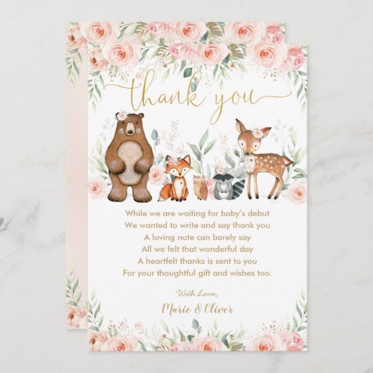 赤面ピンクフローラウッドランドベビーシャワー誕生日T サンキューカード (正面/裏面)