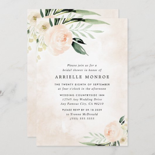 赤面ピンクフローラエレガントガーデンブライダルシャワー 招待状 (正面/裏面)