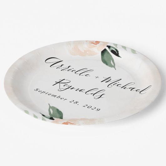 赤面ピンクフローラエレガントシャンパン庭園の結婚式 ペーパープレート (アングル)