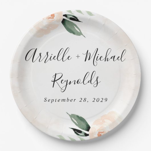 赤面ピンクフローラエレガントシャンパン庭園の結婚式 ペーパープレート (正面)