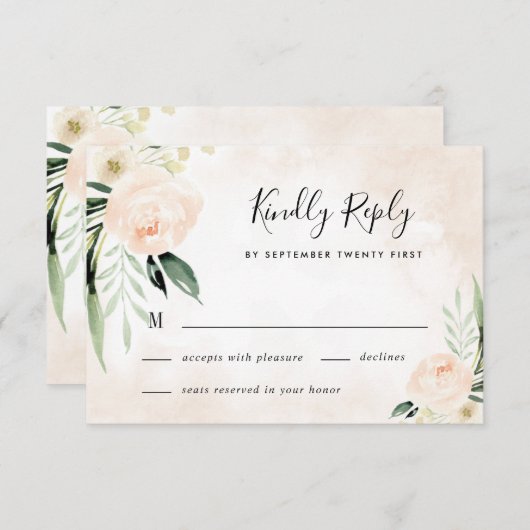 赤面ピンクフローラエレガントシャンパン庭園の結婚式 出欠カード (正面/裏面)