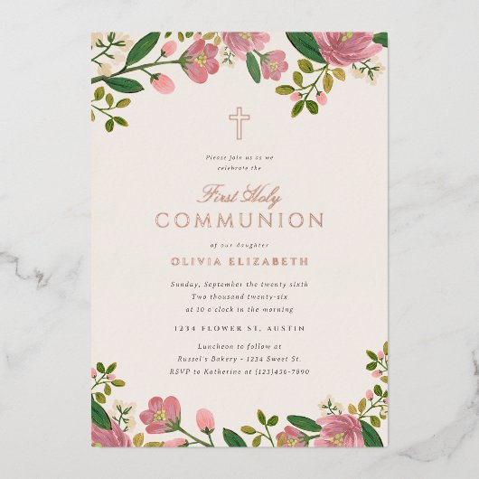 赤面ピンクフローラエレガントファーストコミュニオン 箔招待状 (正面)