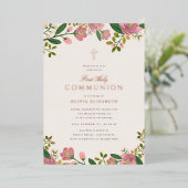 赤面ピンクフローラエレガントファーストコミュニオン 箔招待状 (立ち正面)