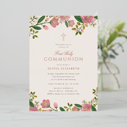 赤面ピンクフローラエレガントファーストコミュニオン 箔招待状 (立ち正面)