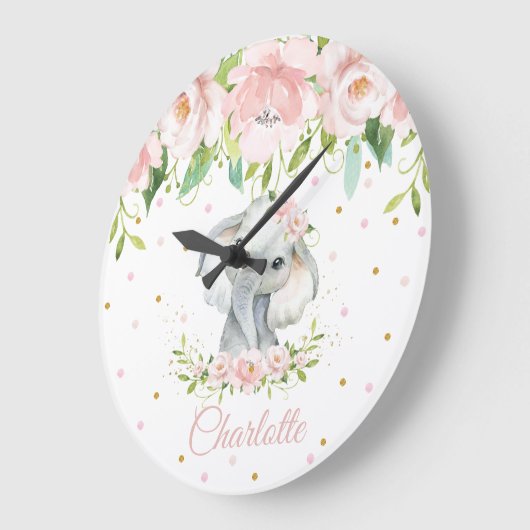 赤面ピンクフローラエレファントガール子供部屋 ラージ壁時計 (傾斜)