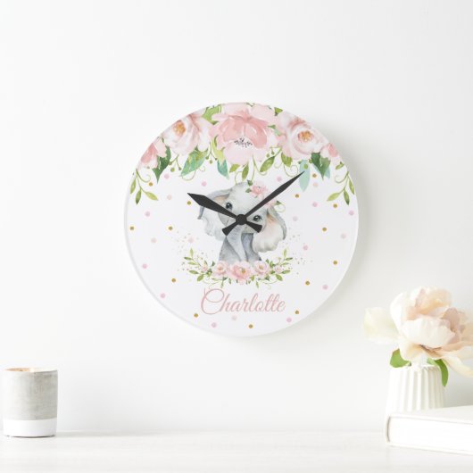 赤面ピンクフローラエレファントガール子供部屋 ラージ壁時計 (ホーム)