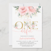 赤面ピンクフローラオネダーフル赤ちゃん女の子1st誕生日 招待状 (正面)