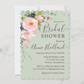 赤面ピンクフローラオンセージグリーンブライダルシャワー 招待状 (正面)