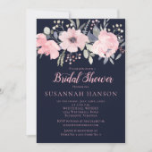 赤面ピンクフローラオンネイビーブライダルシャワー 招待状 (正面)