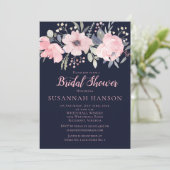 赤面ピンクフローラオンネイビーブライダルシャワー 招待状 (スタンド正面)