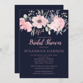 赤面ピンクフローラオンネイビーブライダルシャワー 招待状 (正面/裏面)