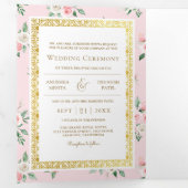 赤面ピンクフローラオールインワン金ゴールド結婚インディアン 三つ折り招待状 (内部最初)