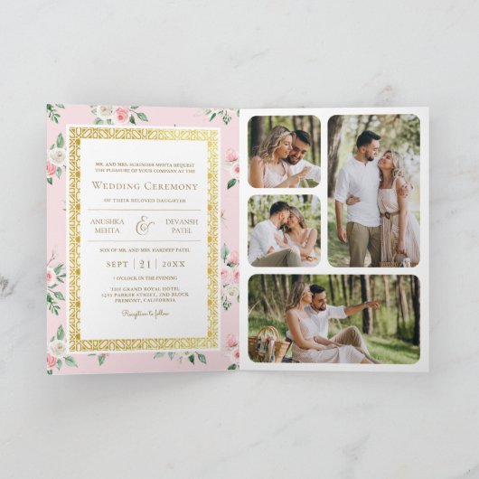 赤面ピンクフローラオールインワン金ゴールド結婚インディアン 招待状 (内部)