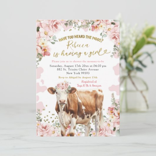 赤面ピンクフローラカウファームガールベビーシャワー 招待状 (スタンド正面)