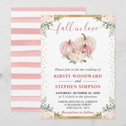 赤面ピンクフローラカボチャ秋の結婚式 招待状 (正面/裏面)